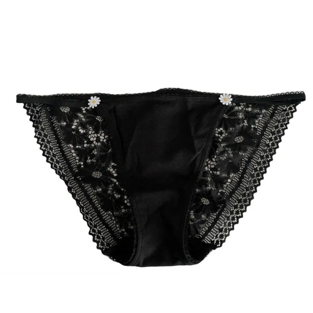 Victorias Secret Nwt Black Cotton Lace Daisy String Bikini Panty